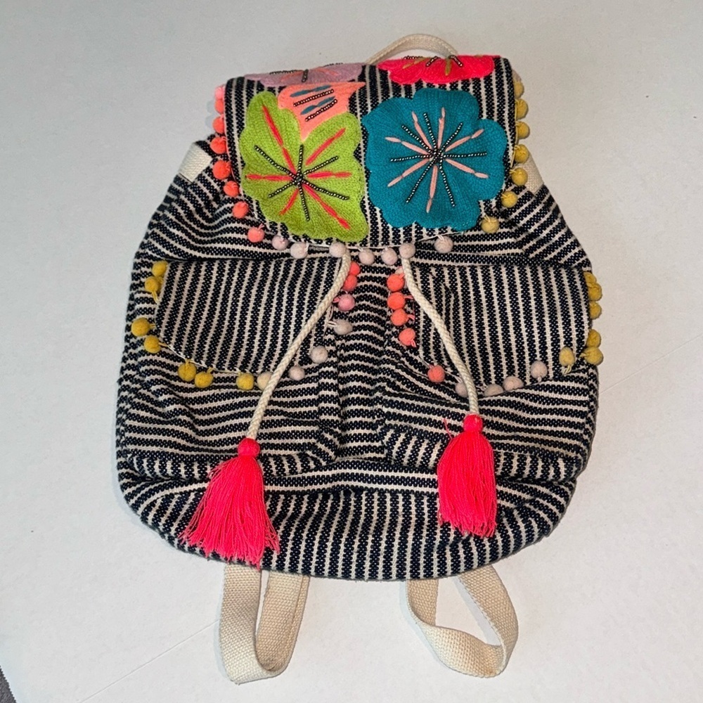 America & Beyond Bag - Floral, Blue/White‎ stripes - Drawstring Backpack
